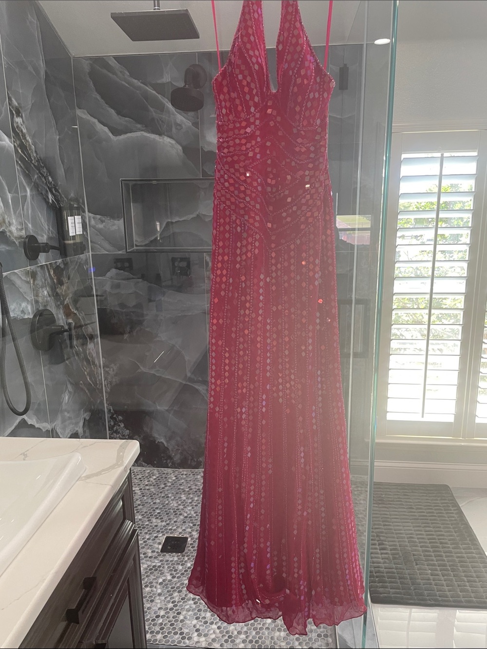 Elegant Pink Sequin Evening Gown - Sleeveless V-Neck